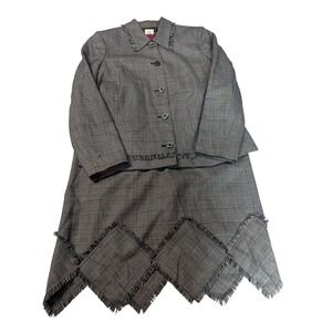 Vintage Harve Benard Wool Skirt Suit Gray Plaid Fringe Diamond Hem 2pc Set Sze 8